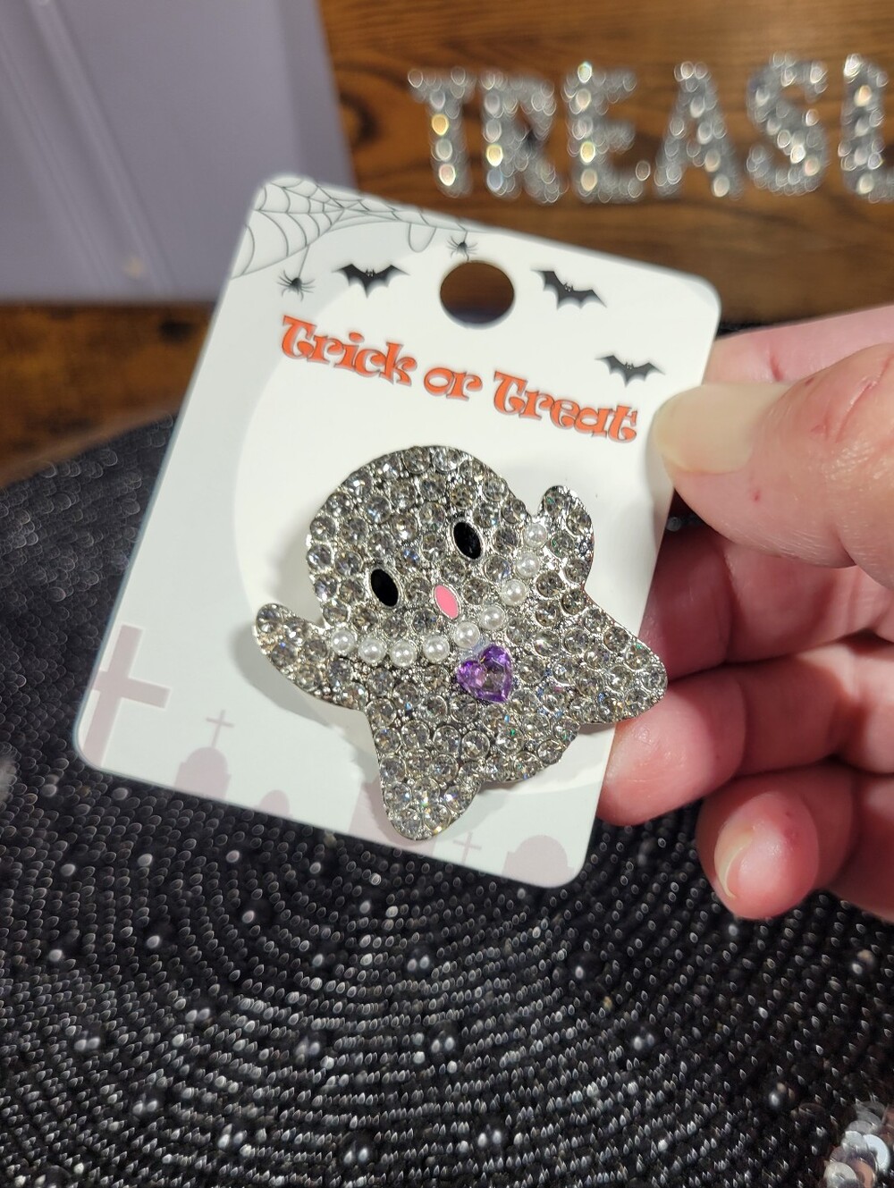 Trick or Treat! Crystal pave Ghost Brooch - Silver pearls